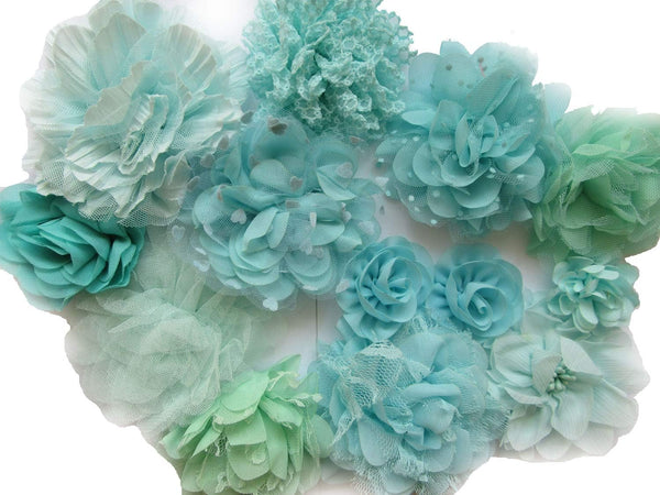 YYCRAFT 12pcs Mint/Aqua Chiffon Lace Hair Flower, Baby Bows for Girls Headband, Crafts, Party Decoration (2"-4.5")