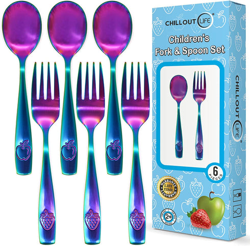 6 Piece Stainless Steel Kids Silverware Set, Child and Toddler Safe Flatware, Metal Kids Utensil Set (UV Rainbow)