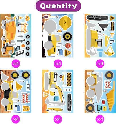 OTAITY 24 Sheets Make Your Own Construction Vehicle Stickers for Kids Boys, Make-a-Face Engineering Vehicles Fire