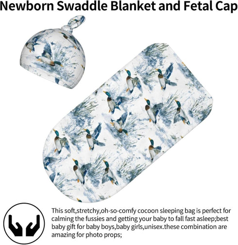 Nanyizly Set 0-6m Cute Mallard Duck Newborns Beanie Swaddle Blanket Baby Receiving Blankets for Infant Boy Girl Swaddle
