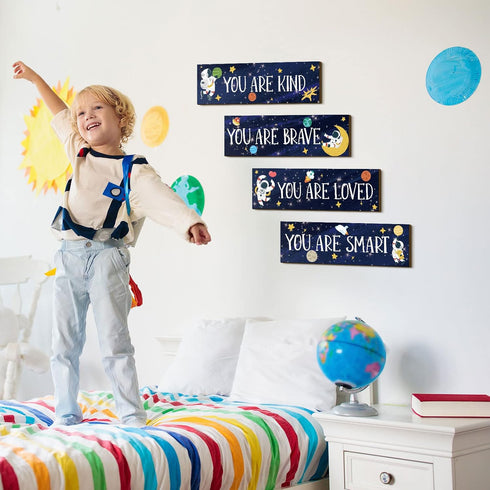 4 Yookeer Pcs Space Room Decor for Kids Boys Outer Space Wall Art Bedroom Decor for Nursery Classroom Astronaut Galaxy