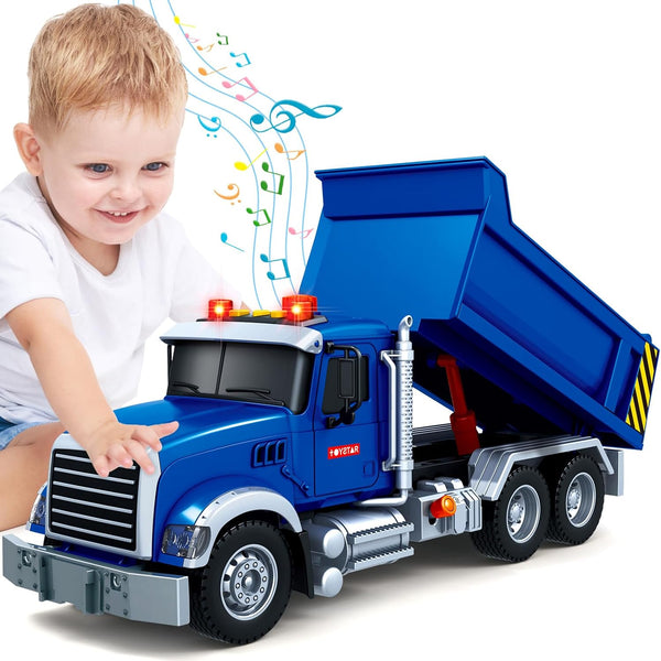 Kids Toys for 3-8 Years Old - 15" Large Dump Truck Toy with Lights & Sounds, Blue Friction Powered Vehicle for Boys &