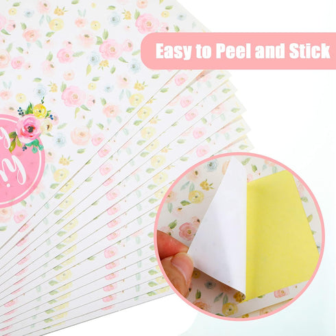 Zonon 48 Pieces Pink Baby Shower Water Bottle Labels, Floral Baby Shower Decorations Waterproof Stickers