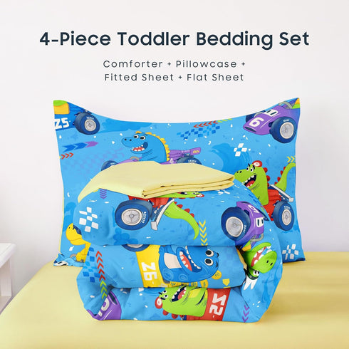 Set 4 Set Wake In Cloud - Dinosaur Toddler Bedding for Boys, Colorful Dino Race Car, Pieces Soft Crib Bed Including