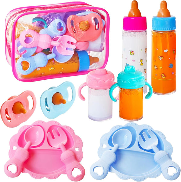 Woozettn 13 Pcs Baby Doll Accessories Magic Bottle Set,Pretend Play Feeding Toy Set