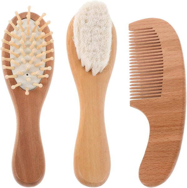 Hairbrush and Styling Comb Set with Soft Wool Bristles and Beech Wood