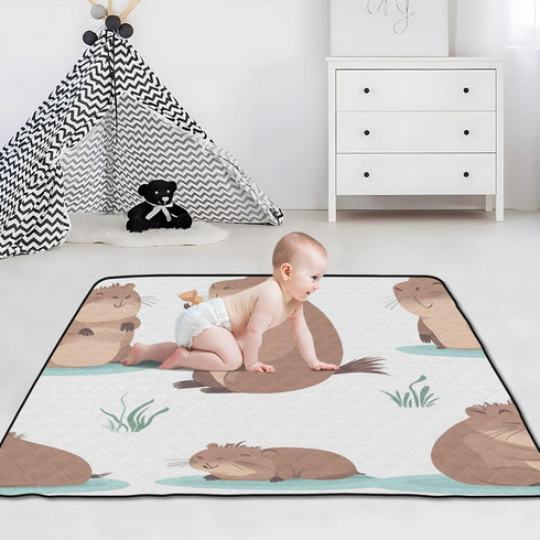 Bokkoy 50x50 inches Beavers at Play Baby Gyms Play Mat, Polyester Lightweight Quilted Cushion, Waterproof Surface, Soft