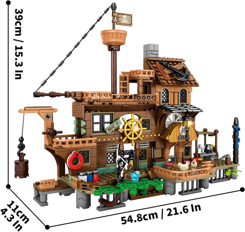 RiceBlock Sets 8-12, 573 Pirate Ship Building Toys, Pirate Wharf Themed City Store Building Bricks for Boys Age Pieces