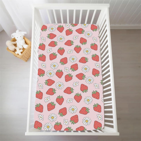 Selgkds 52''x28'' Summer Cute Strawberry Daisy Baby Crib Sheets for Boy Girl Red Strawberries Floral Soft Snug Fitted