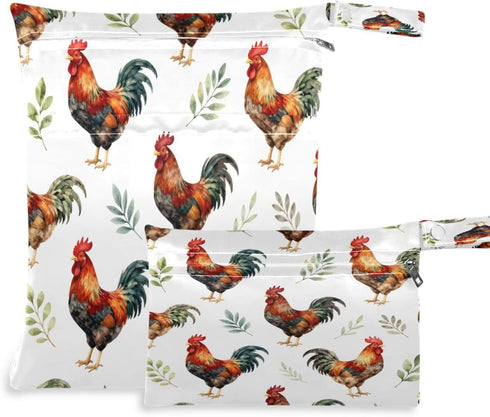 Haskirky Watercolor Roosters 2 Pcs Cloth Diaper Wet Dry Bags,Waterproof and Washable Bag