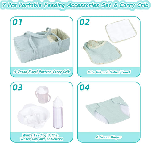 Set 7 Set, 16-18 Inch Rakki Dolli Doll Carrier Doll Carry Cot Carry Crib with Feeding Utensils Feeding & Changing