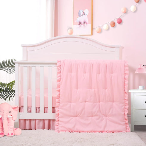 3 Set Set Cloele Pieces Crib Bedding for Girls- Solid Ruffle Quilted Includes Comforter Fitted Sheet Crib Skirt,Cute