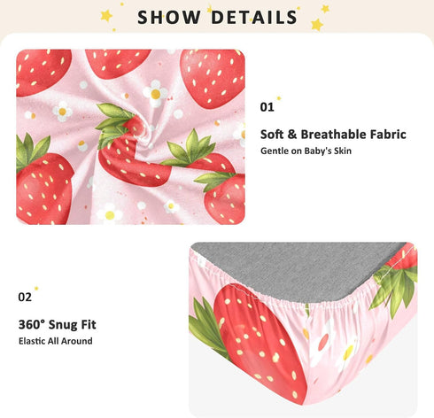 CZXW 52" 28" Cute Strawberry and Daisy Crib Sheets Fitted x Natural Cotton Soft & Breathable for Baby Crib Mattress