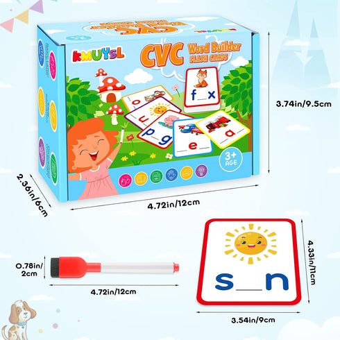 KMUYSL 104 Pieces Short Vowel Spelling Flashcards - CVC Sight Words Handwriting Cards for Kids 3-5 Years Old