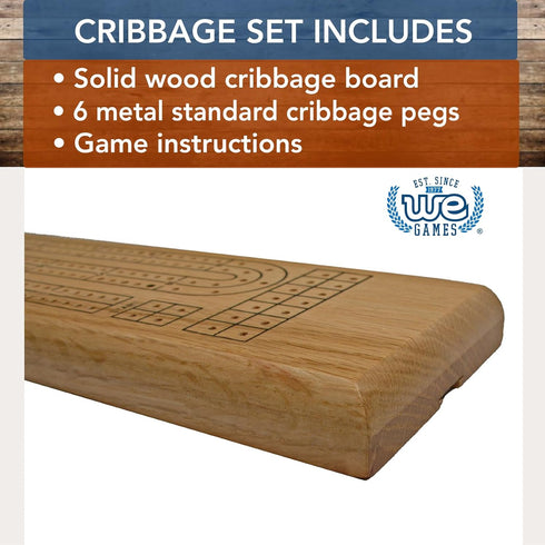 WE Games Classic Cribbage Board Set - 2 Track Solid Oak Wood with Metal Pegs, Family Games