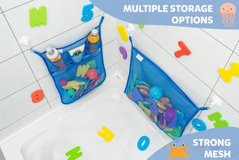 2 x Mesh Bath Toy Organizer + 6 Ultra Strong Hooks, Perfect Bathtub Toy Holder & Bathroom Caddy for Kids & Toddlers