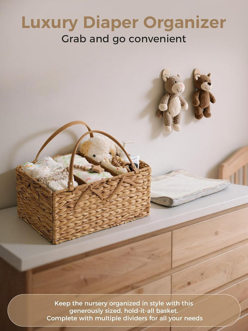 Diaper Caddy Organizer, Hand Rattan Nursery Storage Basket for Baby Essentials, Baby Changing Table Organizer Perfect