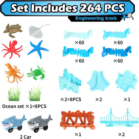 264 Set, 2 Set, 3-9 Coroiesty PCS Shark Race Tracks for Kids Toys, Glow in The Dark Magic Toy Shark Cars Track