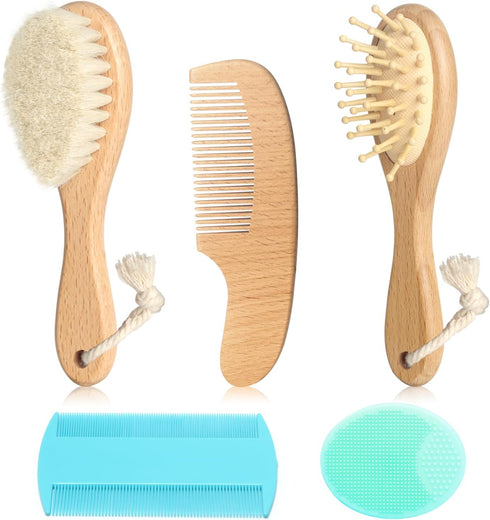 Goat Baby Hair Brush Set, Wooden Comb Massage Scalp Comb, Safe Natural