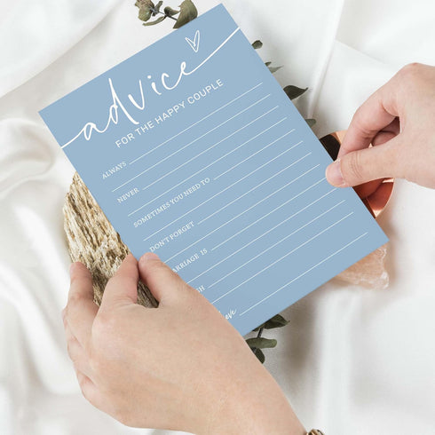 Bridal Shower Games Cards for 25 Guests, Advice for The Happy Couple, Minimalist Blue Wedding Party Supplies - B10