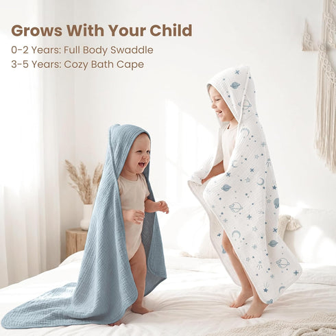 2-Pack 100% Star,32" 32") Konssy Muslin Hooded Baby Towels, Cotton, Ultra-Soft & Absorbent Baby Bath Towels with Hood