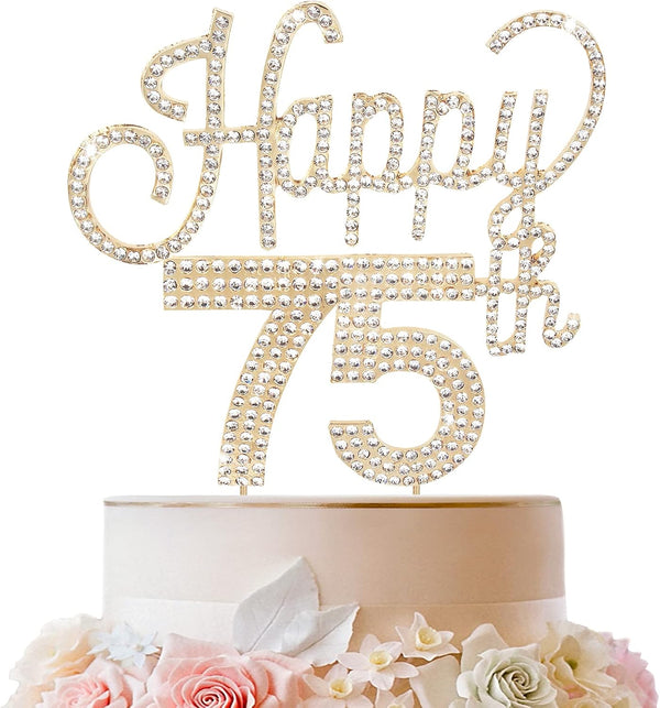 LINGTEER Happy 75th Birthday Gold Rhinestone Cake Topper - Cheers to 75 Years Old Anniversary Party Decorations