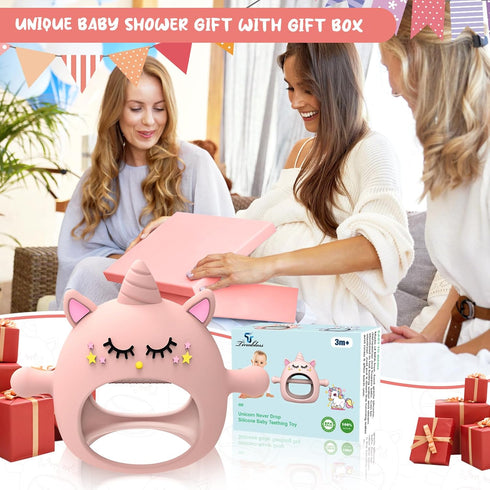 6-12 0-6 Teething Toys for Babies Months, Tinabless Unicorn Never Drop Silicone Teether Designed for Babies Months, Car