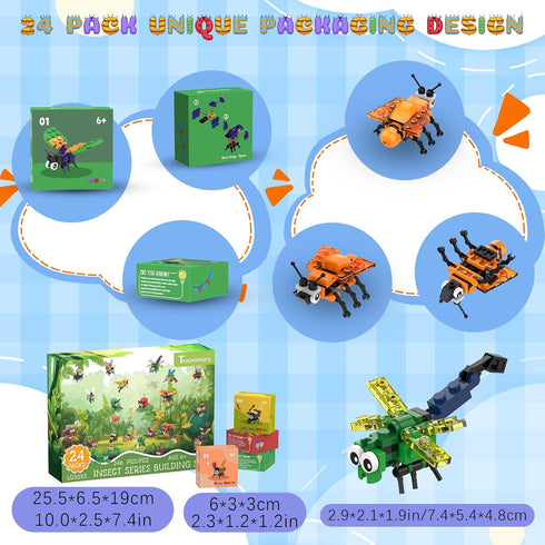 24 Pack Sets, Party Favors for Kids Insect Building Bulk Educational Bug Blocks Toy for Valentines Day Classroom