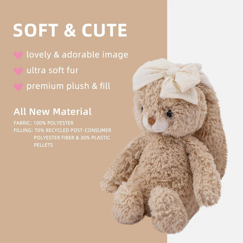 8'' Bunny Stuffed Animal Soft Rabbit Cuddly Toy Long - Eared Brown Plush Bunny with Cream Bow Plush Toys for Babies