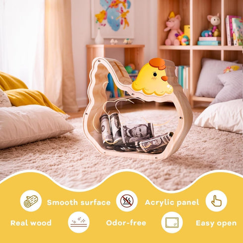 Wooden Chicken Piggy Bank for Kids, Unbreakable Easter Pullet Coin Chicken Bank for Kids with Sticker, Wooden Cashbox