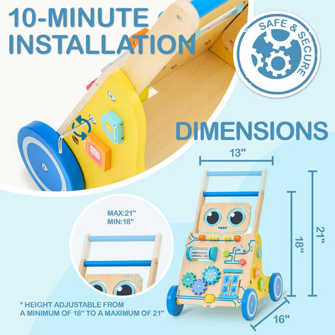 Monlaeurd Robot Wooden Baby Walker, Adjustable Push Pull Toy, Montessori Activity Center, Learning Activity Walker