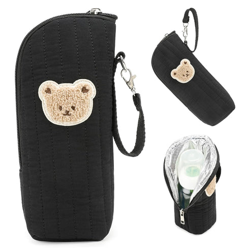 Temeemeg Insulated Baby Bottle Bag with Adorable Bear Embroidery Breastmilk Cooler Travel Bag