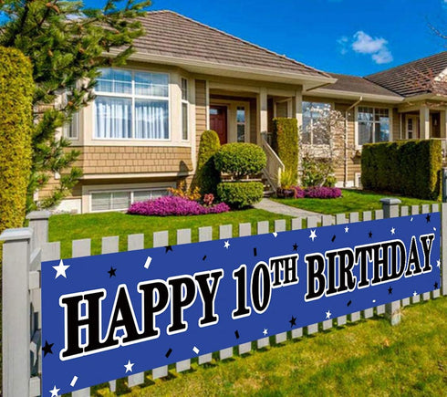 Large Happy 10th Birthday Banner, 10th Birthday Party Sign Blue, Decorations (9.8 x 1.6 ft)