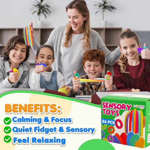 26 Pack Fidget Sensory Toys for Kids: Quiet Squishy Fidgets for Classroom Students Prizes- Textured Soft Fidget Rings