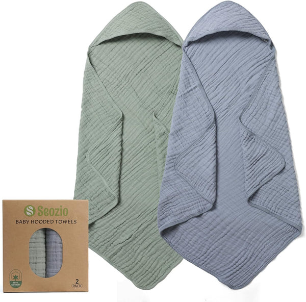 Seozio Hooded Baby Bath Towels for Newborn, 2 Pack 100% Cotton 32x32Inch Baby