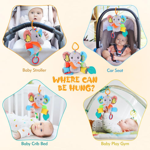 JiffyJolt 0-12 30 Baby Toys Months Elephant with Detachable Touch-Sensitive Sound Box, Sounds, Removable Bib, Teether