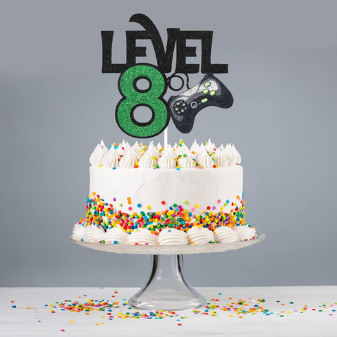 Level 8 Game Cake Topper - Video Game Boy's 8th Birthday Level Up Party Supplies, Gaming Party Decoration