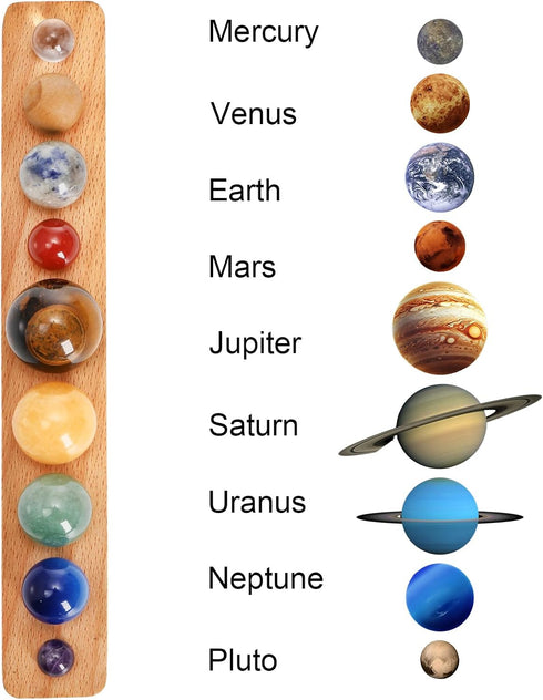 ZENFUN Nine Planets in Solar System with Wooden Stand, Natural Gemstones Sphere Solar System Model Kit, Planet Marbles