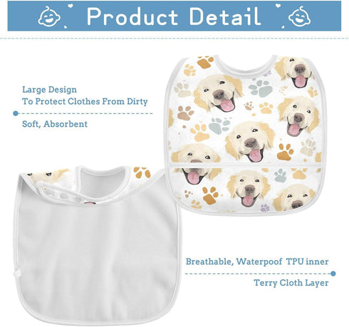 IHCVHQX Baby Feeding Bibs for Boys Girls Golden Retriever Dog Faces and Paw Infant Toddler Drooling Bibs with Catcher
