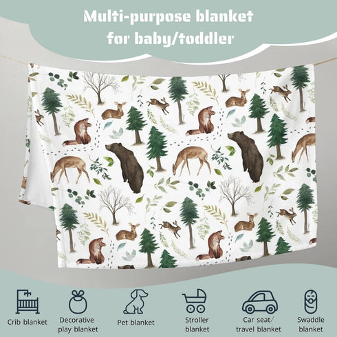 Woodland Forest Animals Baby Blanket - Pine Tree Bear Fox Deer Flannel Fleece, 30 x 40 for Boys Gift