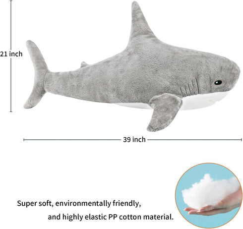 MUPI Shark Plush, 39” Shark Stuffed Animal, Large Shark Pillow Toy, Grey Ocean Stuffed Animal