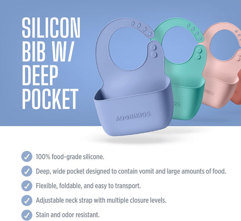 ADORIKIDS RideBib Silicone Vomit Bib with Extra-Deep Pocket for Motion Sickness Relief During Travel. Patent Pending