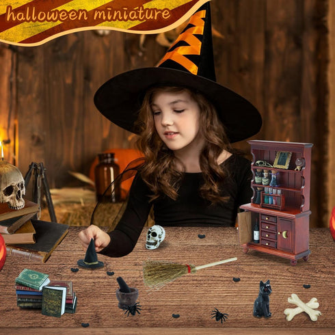 1/12 Set Dollhouse Miniatures Scale Accessories, Wooden Bookshelf Furniture - Magic Bottle&Potion, Witch Frame and Hat