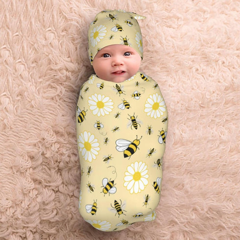 Lcokin Set Cute Bee Baby Stuff Swaddle Blanket with Beanie Hat for Boys and Girls, Soft Daisy Newborn Swaddle Wrap