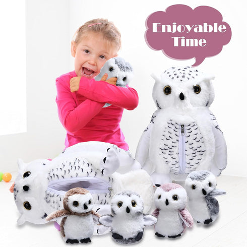 Hollowfly 5 Set 15.7" Mommy 4 Set Pcs Owls Plush Toy Gift White Owls with Cute Babies Stuffed Animal in Zippered Belly
