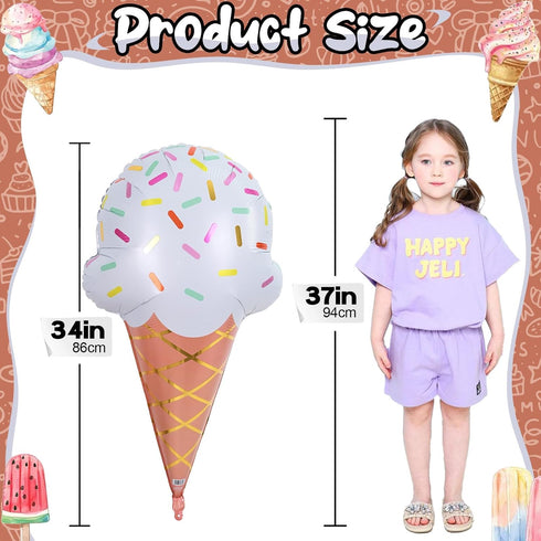 32 Inch Summer Large Ice Cream Balloons Cone Kit, Giant Sweet Ice Cream Sprinkle Foil Balloons, Popsicle Three Scoops