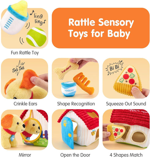 1 Set 1-3, hahaland Montessori Toys for Year Old Plush Puppy Sensory Toy with Dog House, Rattle, Crinkle, Mirror