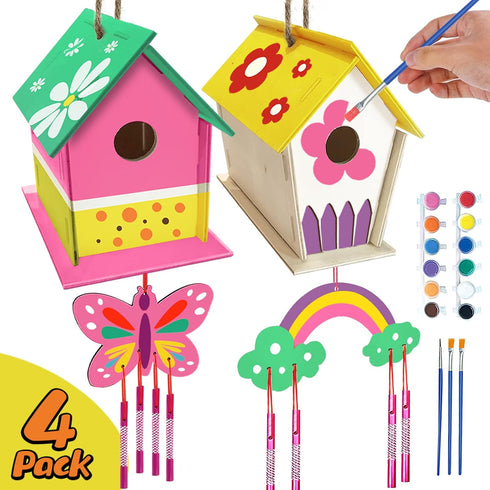 Crafts for Kids Ages 4-8 - 4 Pack DIY Bird House Wind Chime Kit for Building and Painting Birdhouses