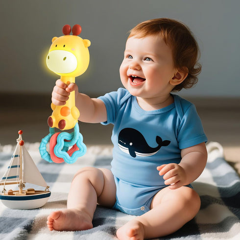 0-3-6-12 Musical Baby Rattle Toy, Soft Silicone Infant Teething Light-Up Rattle for Sensory Development, Easy Grasp