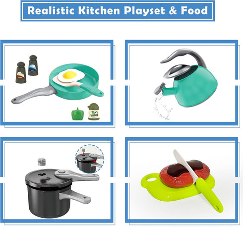 Bruvoalon 67Pcs Kids Play Kitchen Toys Set, Green, Pretend Cooking Accessories with Pots, Pans, Utensils, Foods